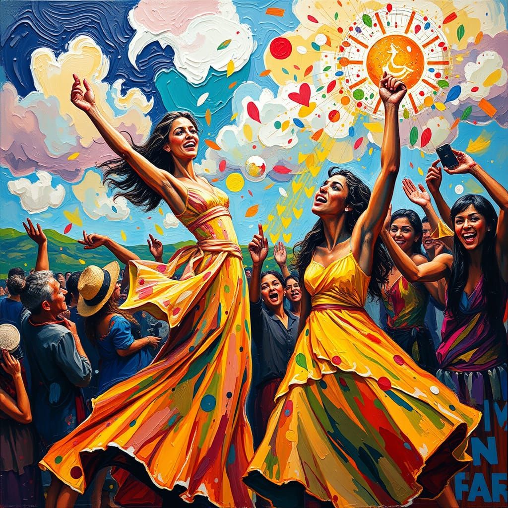 Euphoric Celebration in Vibrant Neo-Impressionist Style