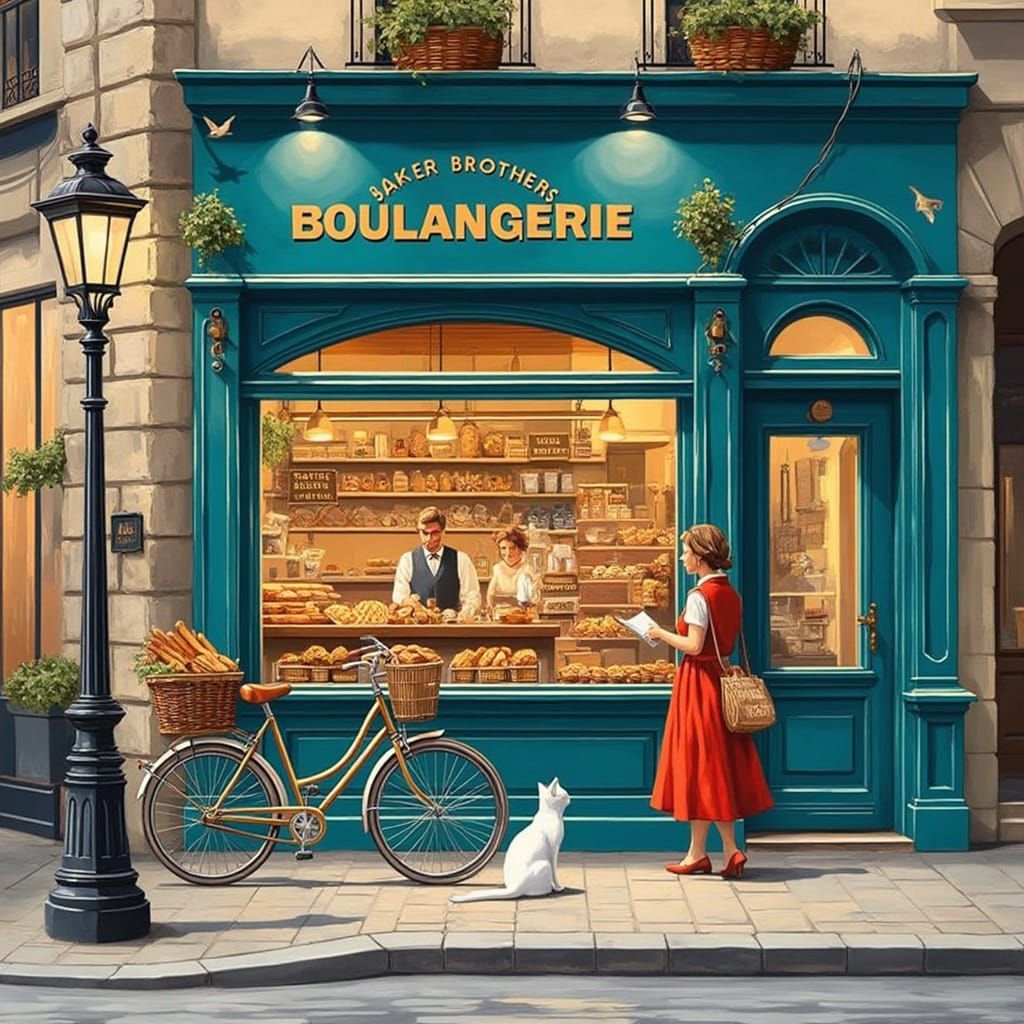 Whimsical French Bakery Scene in Storybook Style