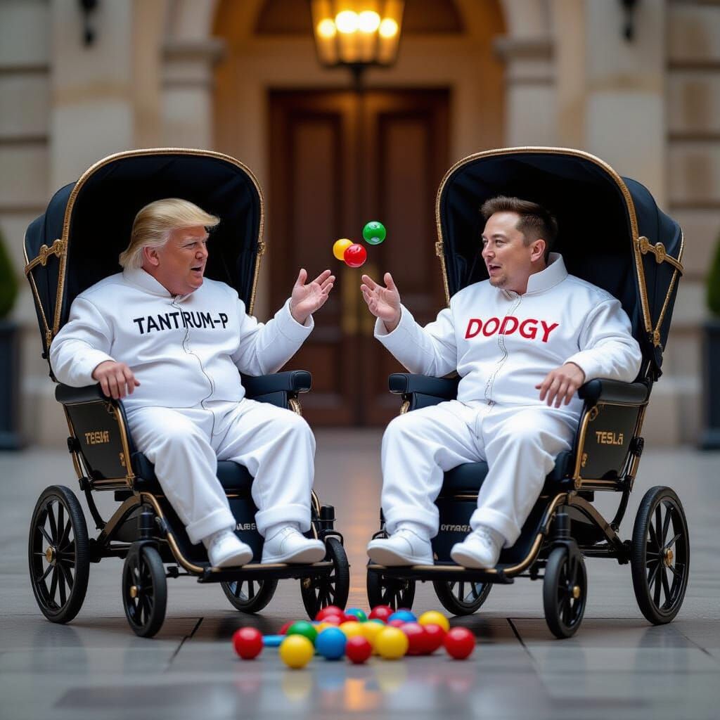 Trump and Musk as Babies Throwing Toys