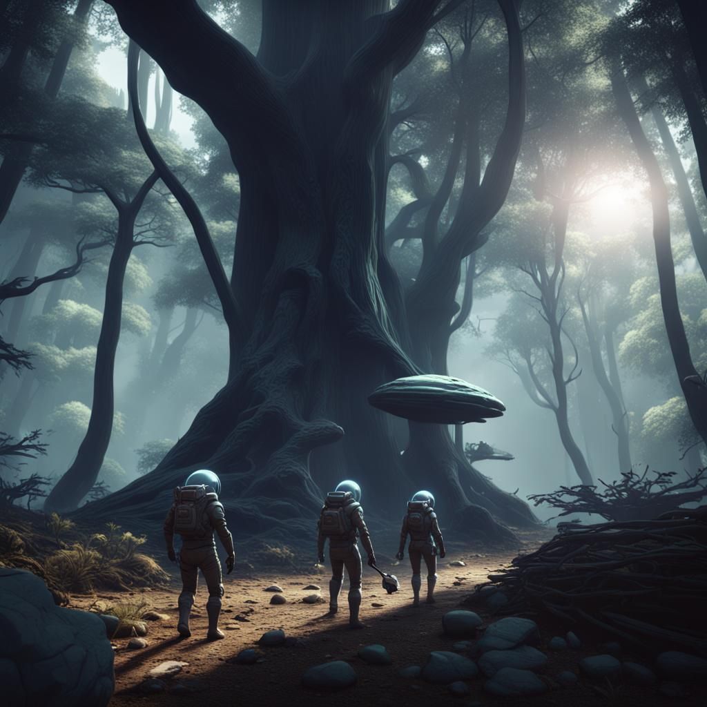 Space Explorers in Alien Forest: 3D Rendered Art