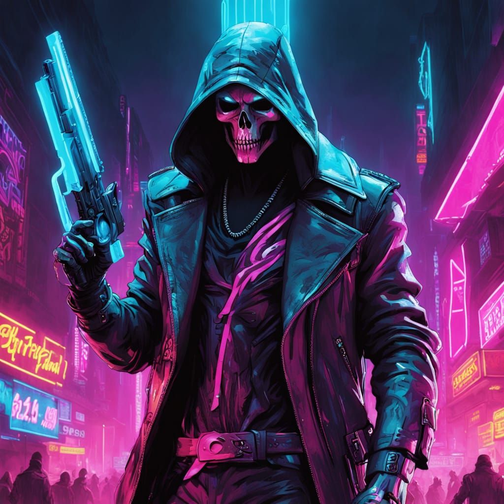 Grim Reaper in Neon Cyberpunk Party Scene