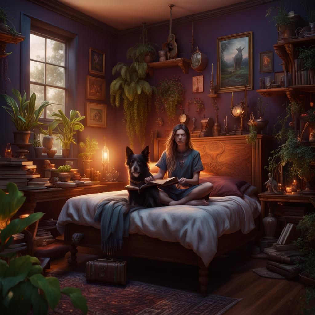 Girl Surrounded by Books, Music, and Crystals