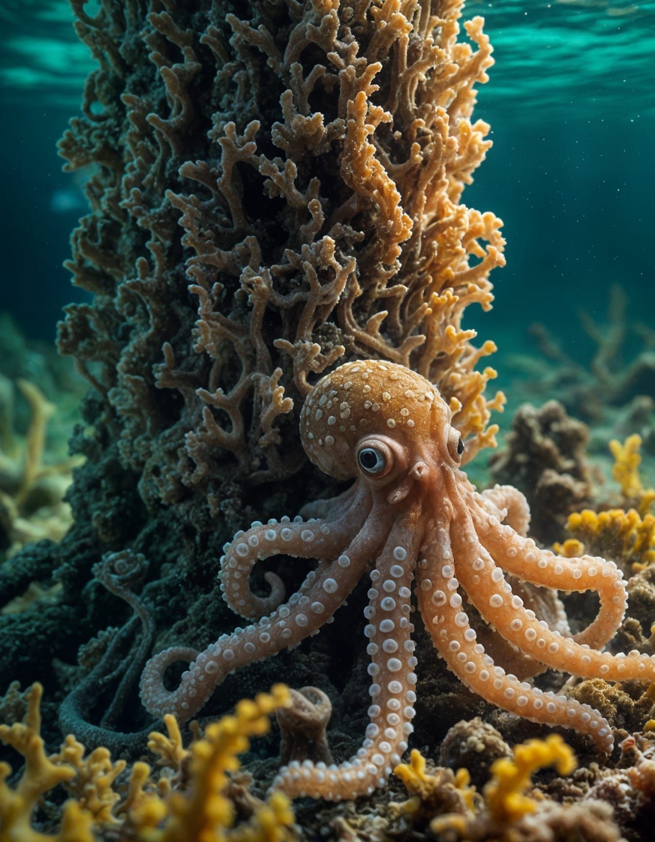 Hyperrealistic Underwater Photo of Octopus Hiding