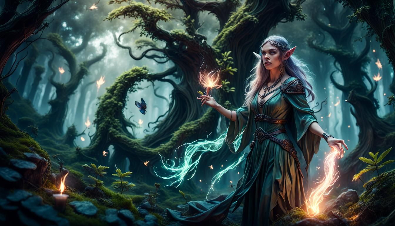Magical Forest Elf Sorceress Casting Spell