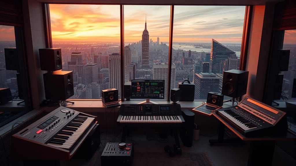 Modern Music Studio Panorama of Manhattan at Night