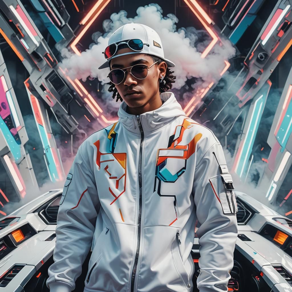 Pop Art Portrait in White Tracksuit With Futuristic Vehicle
