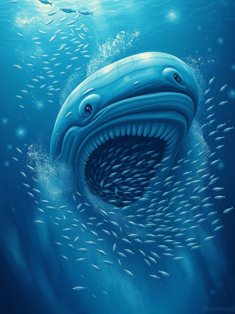 Blue Whale Engulfs Fish School in Vibrant Ocean