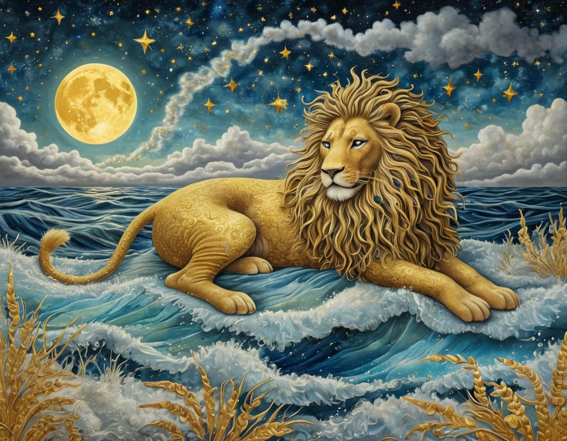 Celestial Fabric Seascape with Velvet Lion, Quilted Art