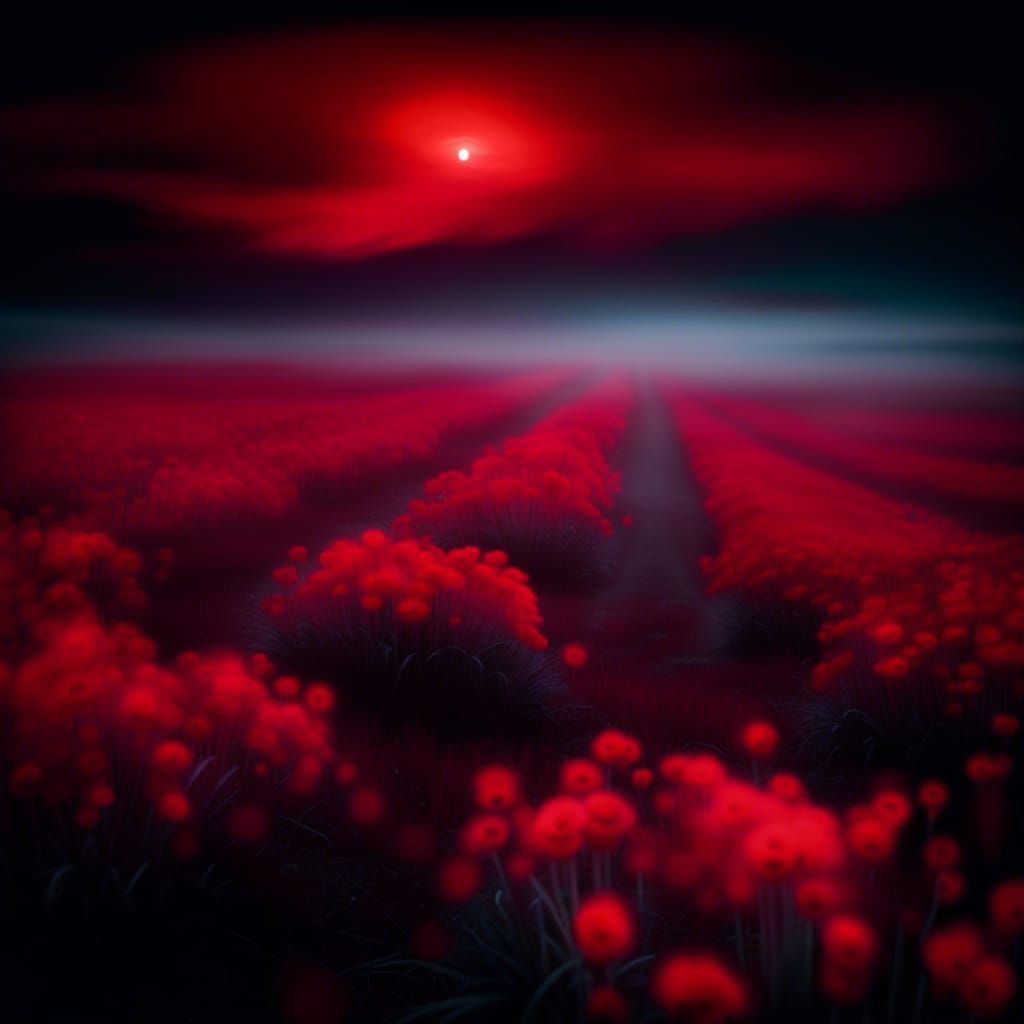 Bioluminescent Red Flower Field in Ghostly Fog