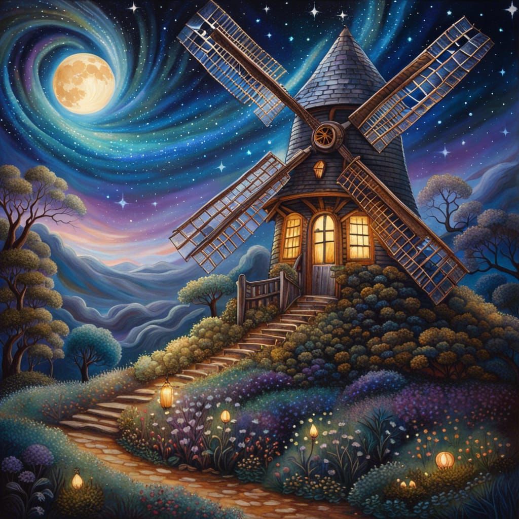 Fairytale Windmill Under Cosmic Galaxy Sky