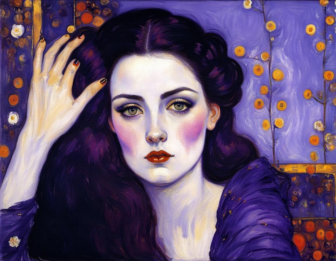 Brunette in Violet Gown, Klimt-Inspired Portrait