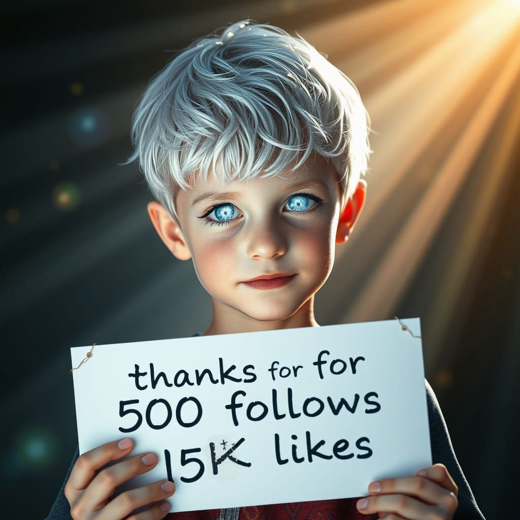 Boy with Diamond Eyes Thanks Followers, Photorealistic 8K