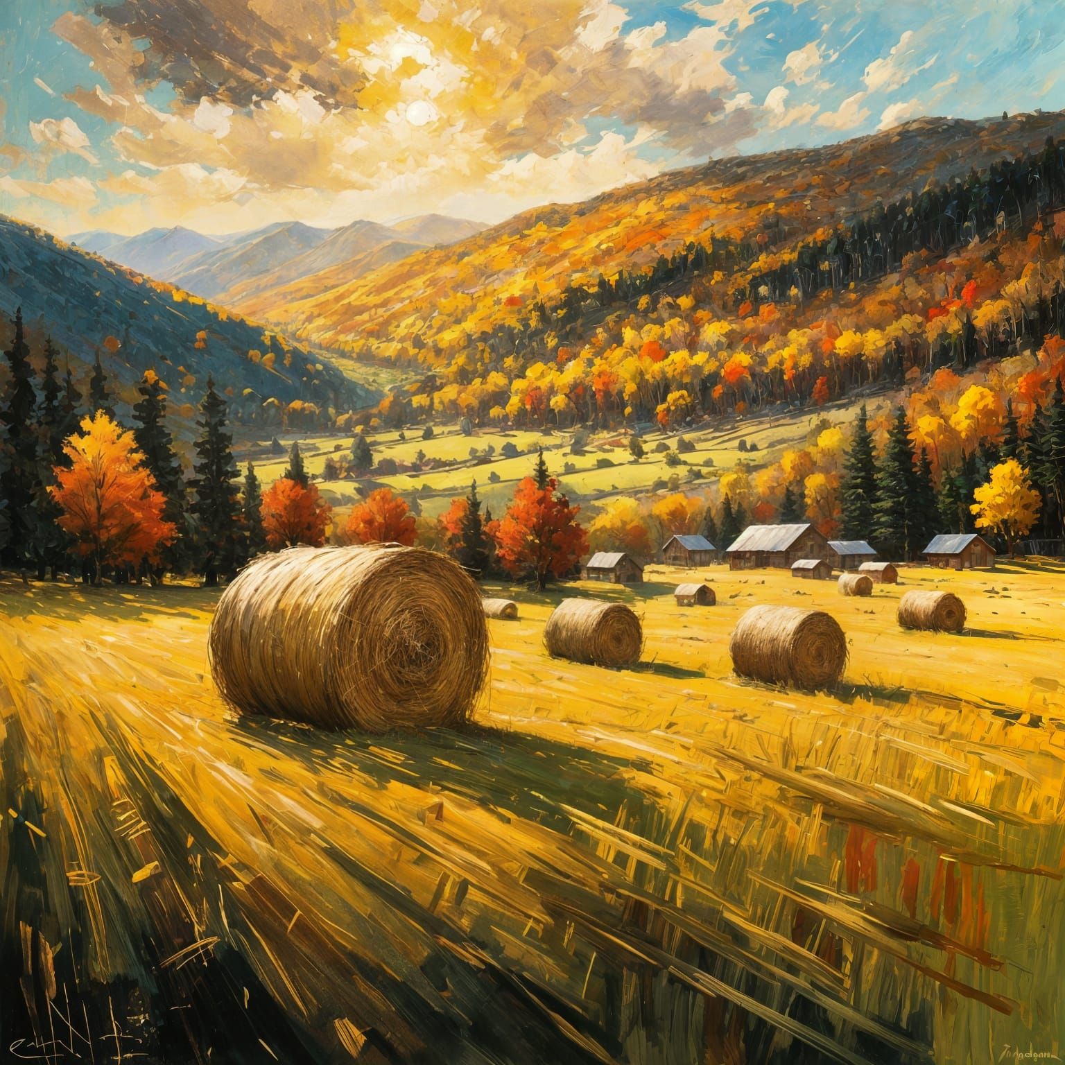 Autumn Valley with Golden Fields, Painterly Style