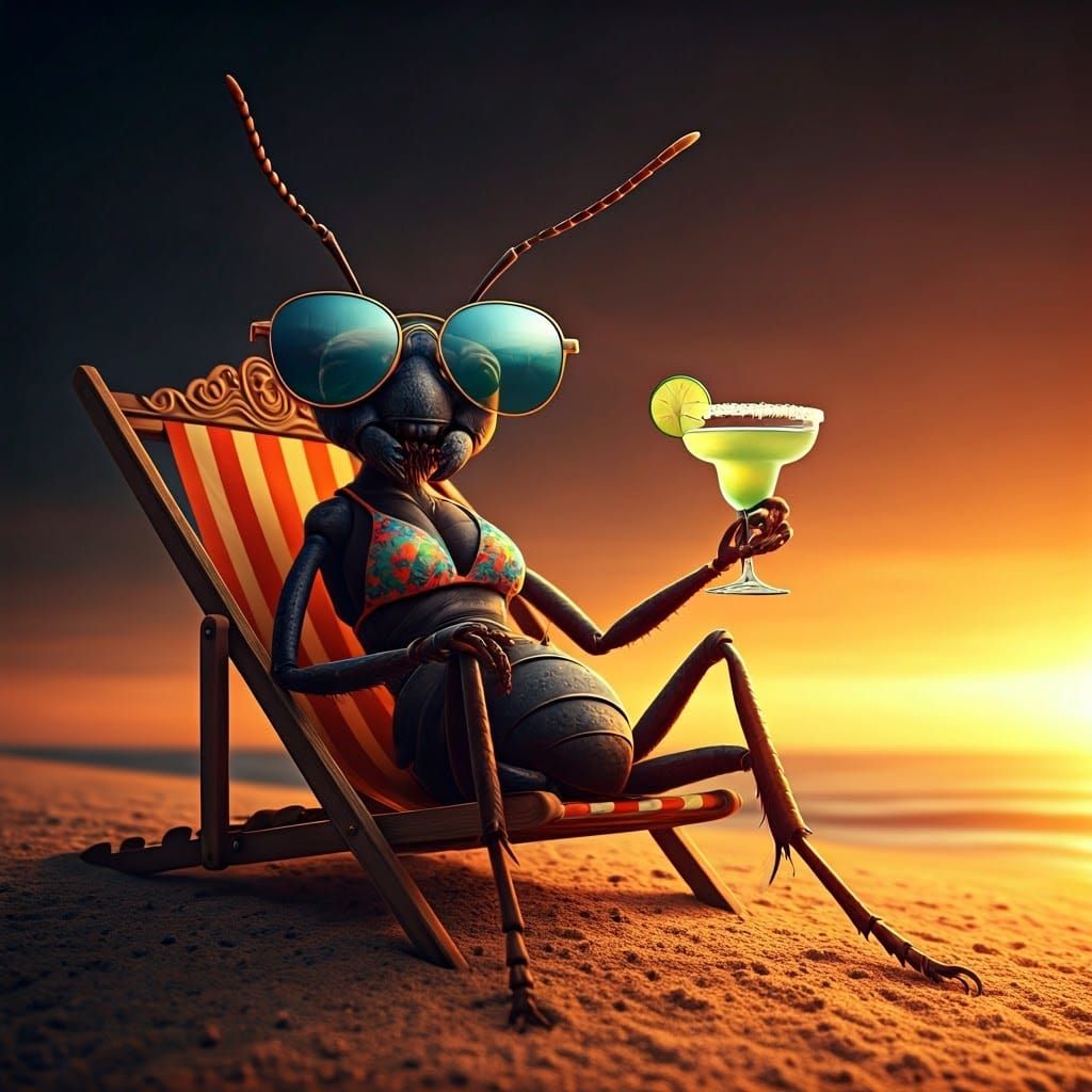 Ant on Vacation: A Hyperrealistic Beach Scene