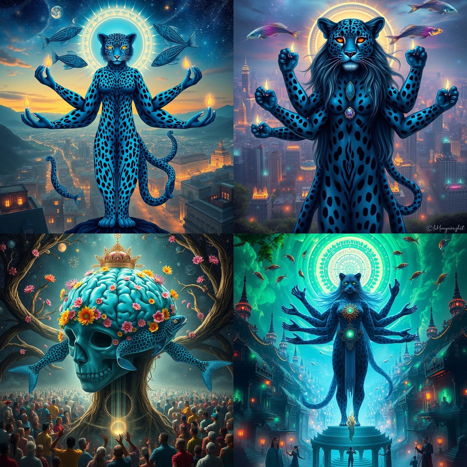 Surreal Blue Leopard Woman in Teal Fibonacci Spirals
