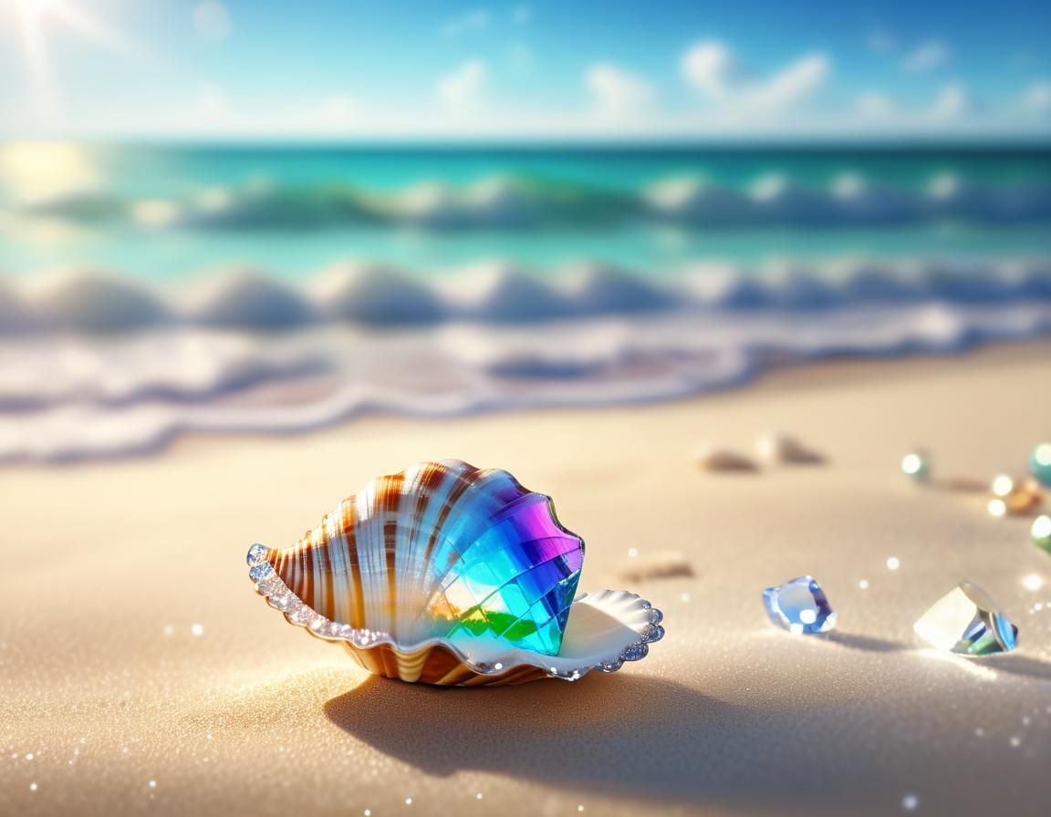 Hyper realistic sandy beach, a beautiful iridescent shell, sparkling crystal sea water, Professional photography, bokeh,...