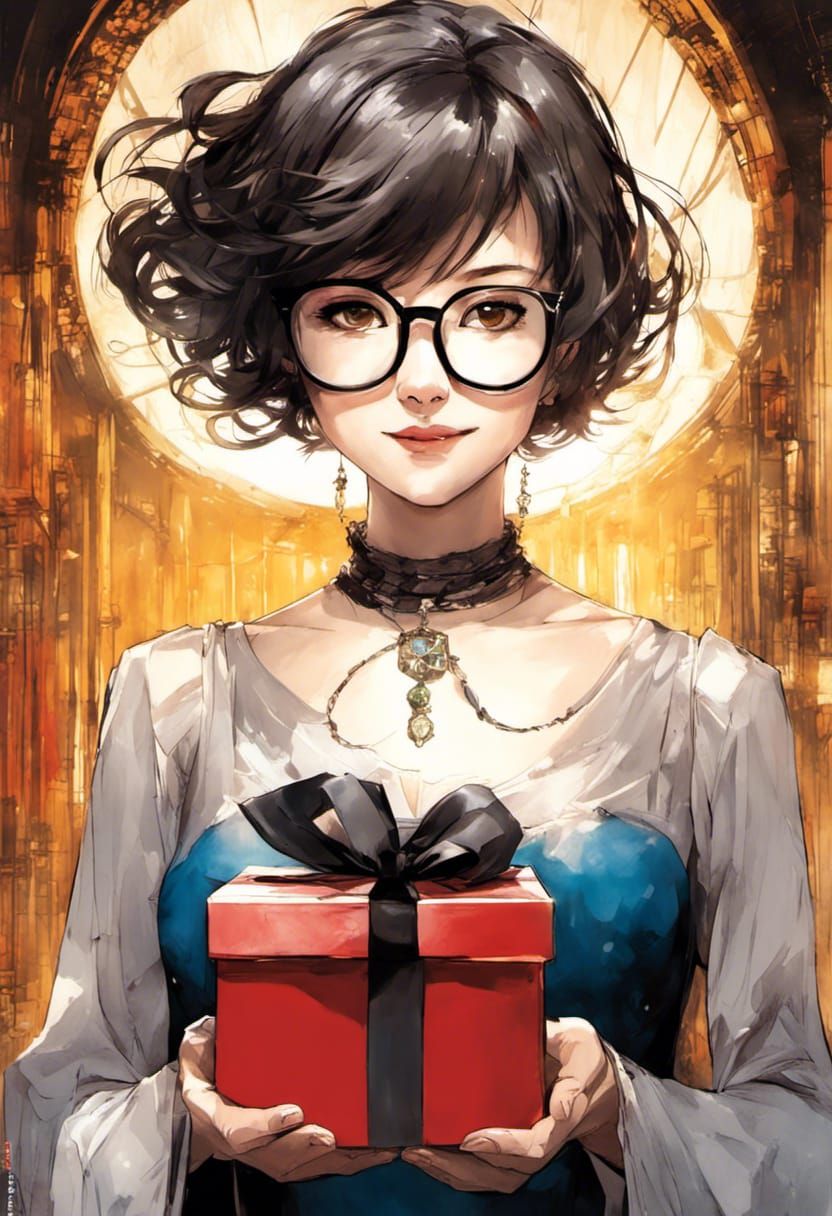 Smiling Woman Holding Gift in Fantasy Art Style