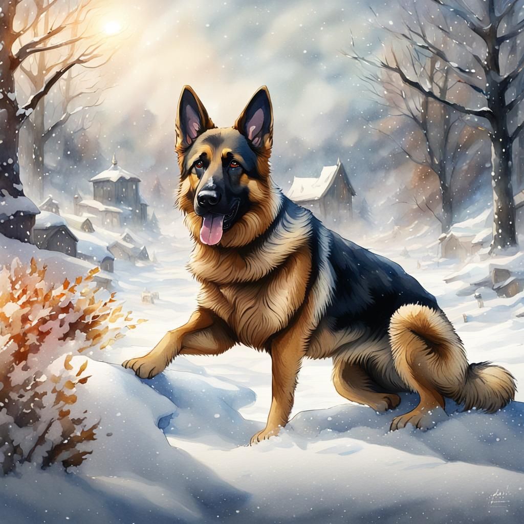 German Shepherd in Snow, Watercolor Style