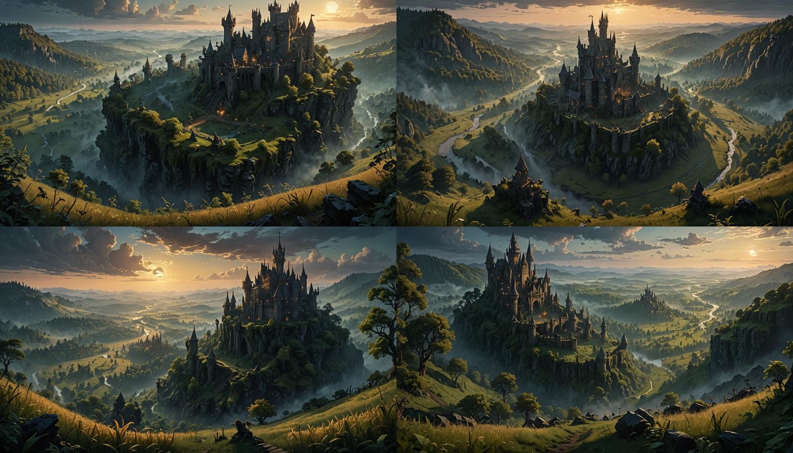 A Long view down an enchanted valley with ruined castles and sprites in the low mist at dusk ,foreboding forests and mag...