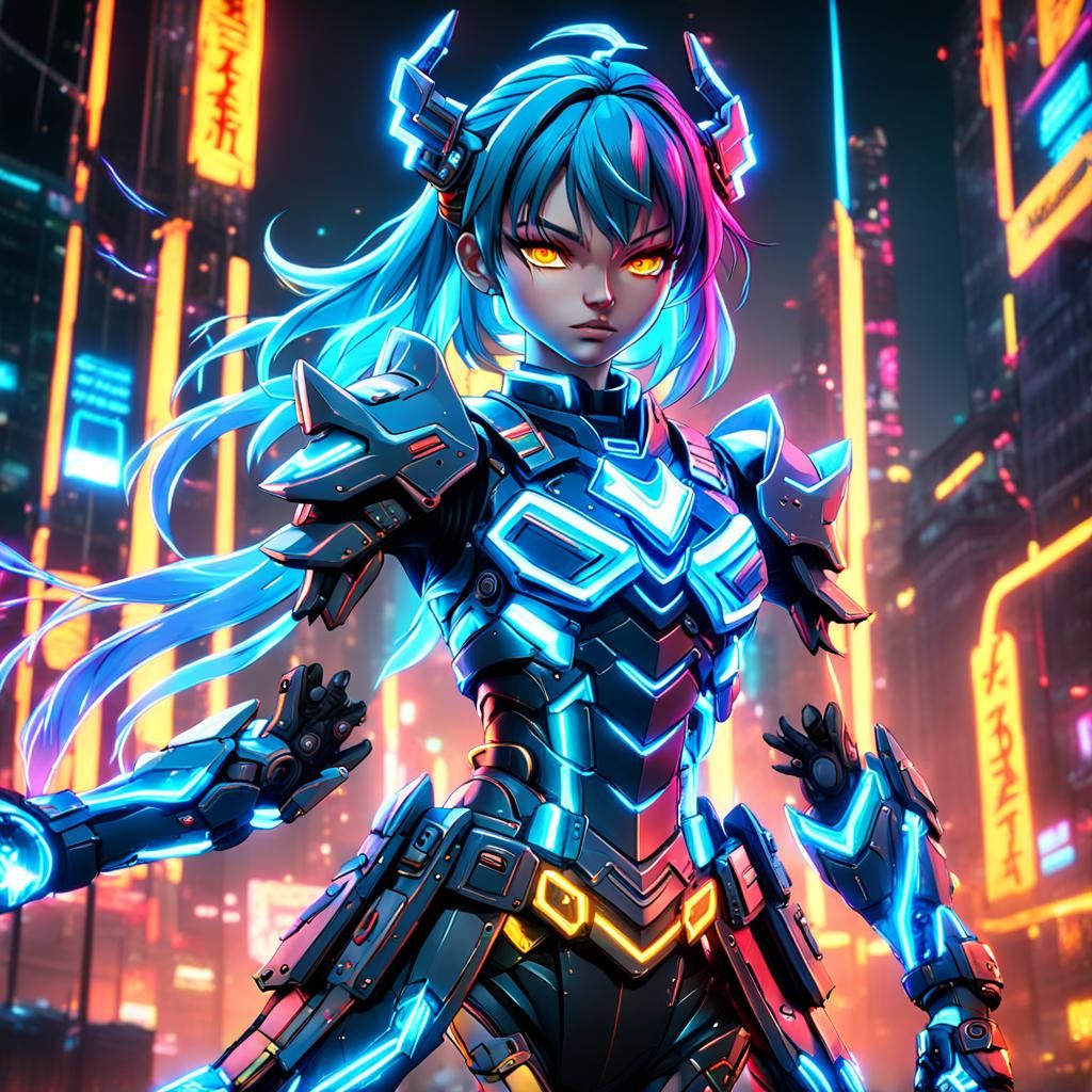 Neon Electrical Warrior Anime Girl in Detailed Matte Paintin...