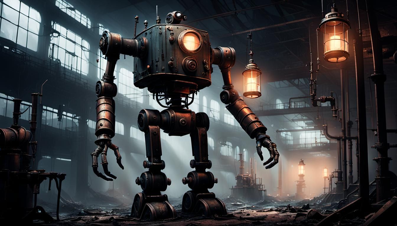 Gothic Industrial Steam-Powered Robot in Abandoned Factory