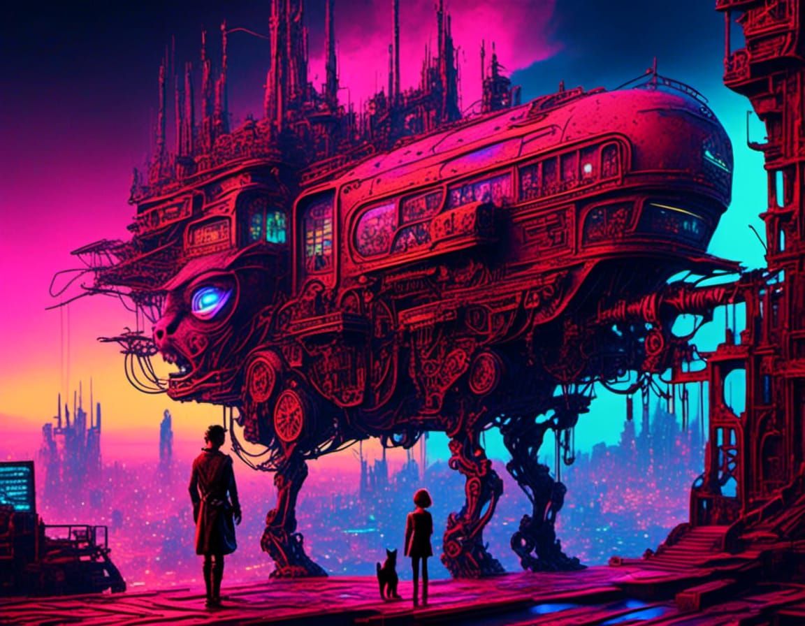 Cyborg Alien and Cyberpunk Cat in Neon City