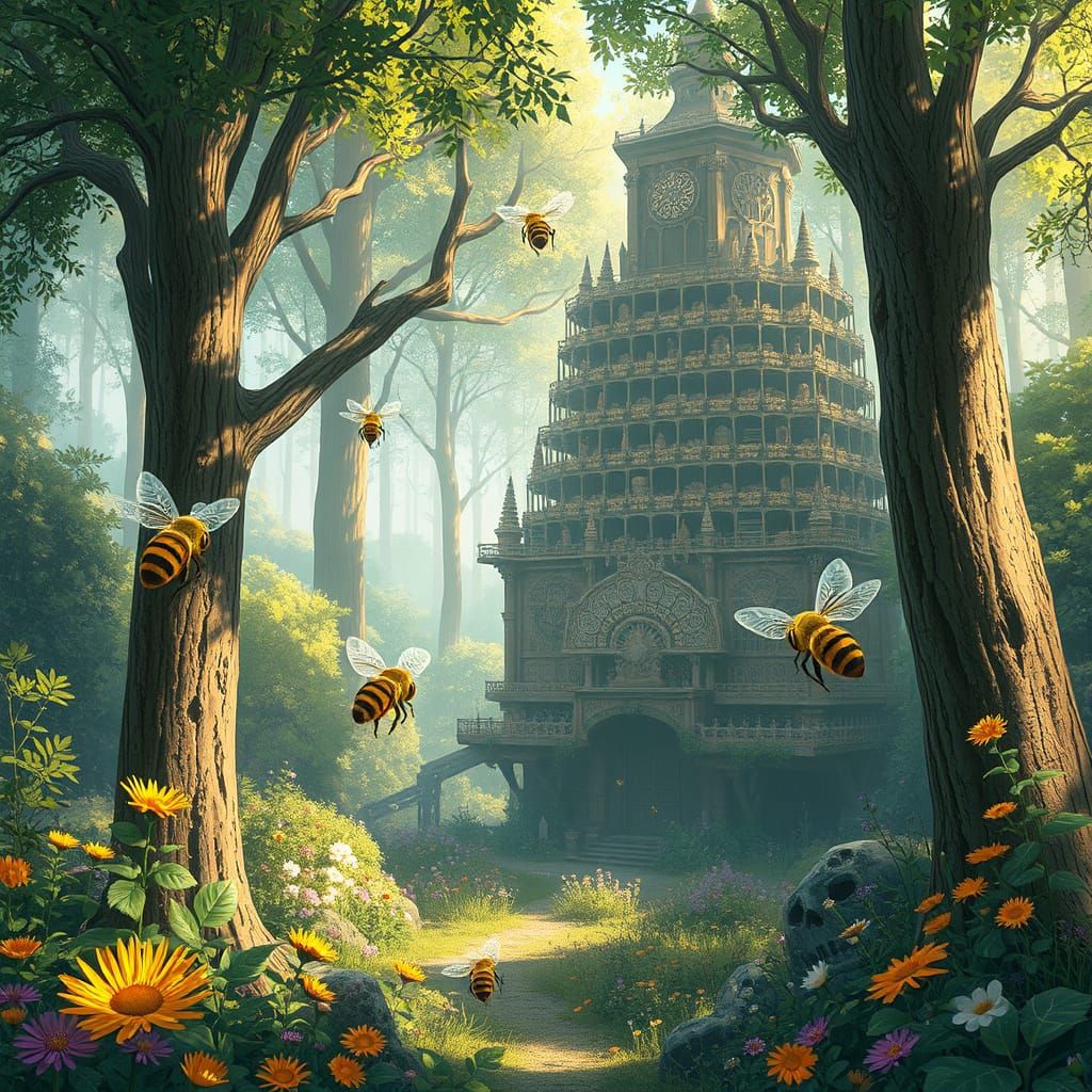 Whimsical Bees in Lush Forest Habitat