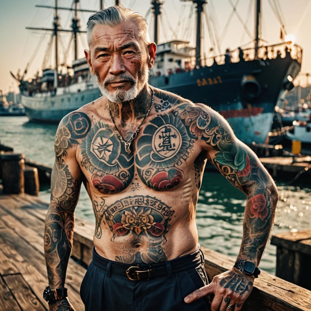Tattooed Sailor Portrait in Japanese Style