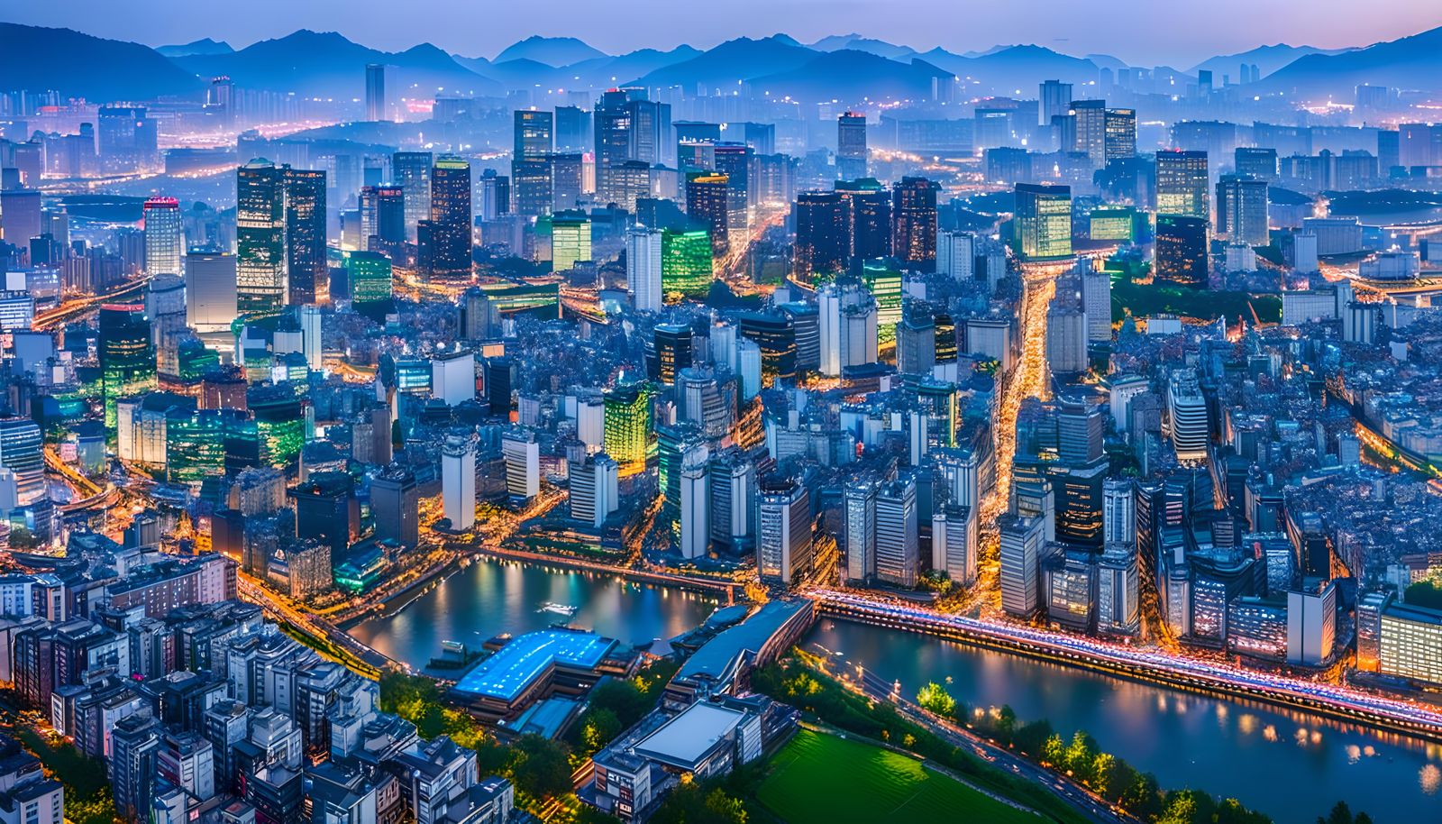 Korean Overpopulated City with Green Park, Cyberpunk Style