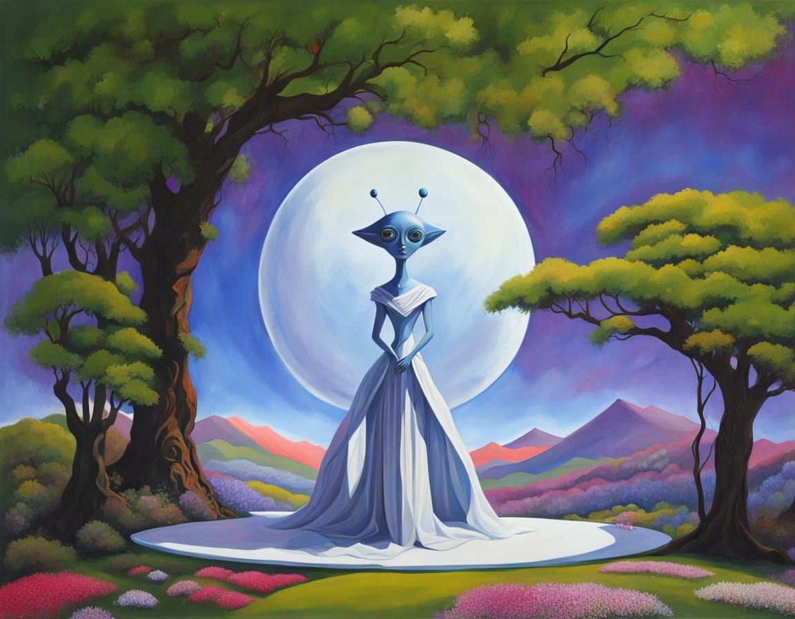 Surreal Alien Portrait in Retro-Futuristic Art Deco Style