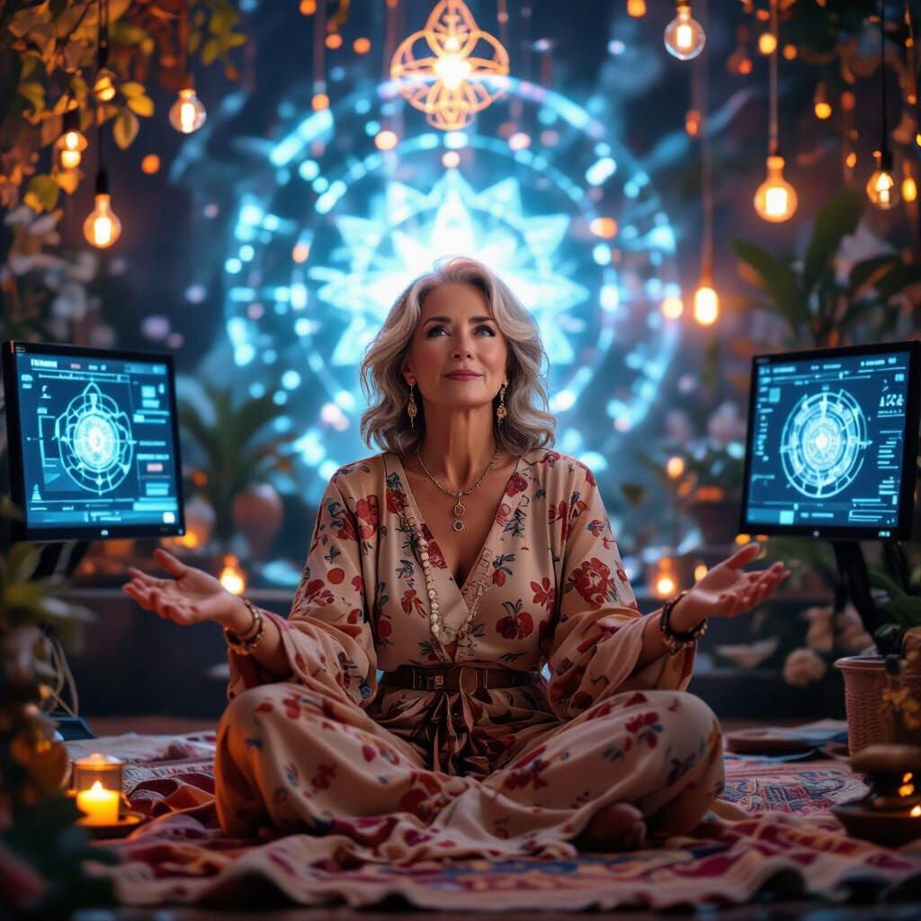 Woman Connects with AI in Dreamlike Cinematic Scene