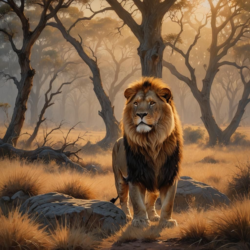 Lion in Misty Savannah Oil Painting
