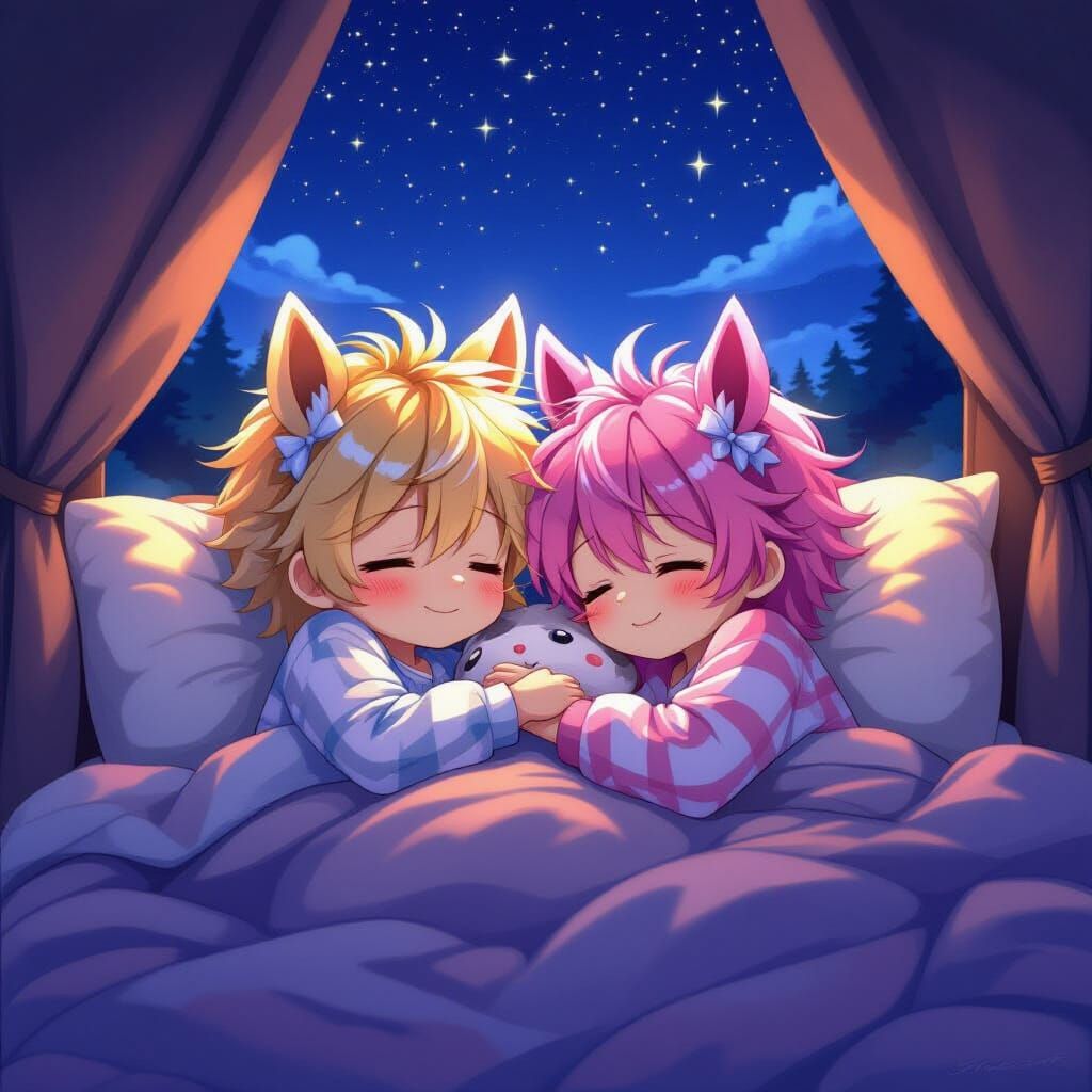 Anime Boys with Horse Ears Sleeping Under Stars