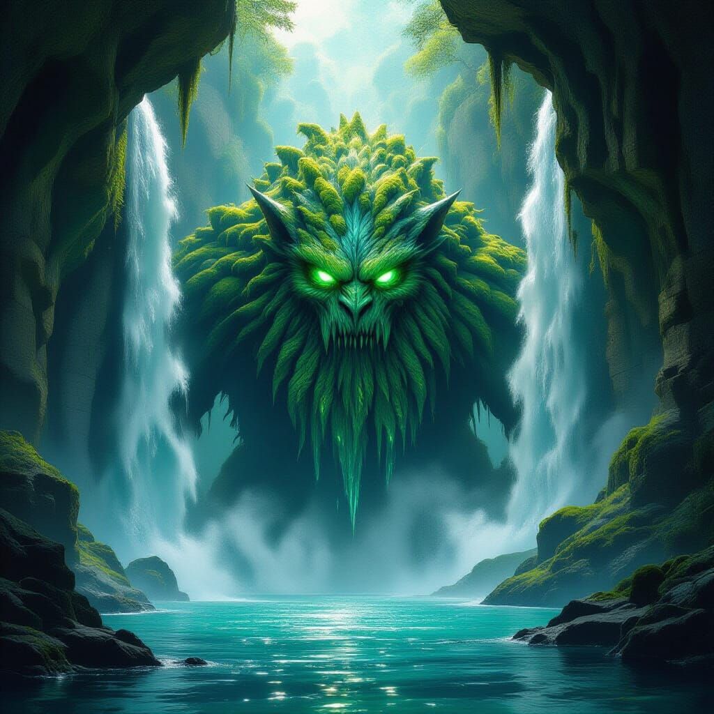 Giant Forest Monster in Bioluminescent Cavern
