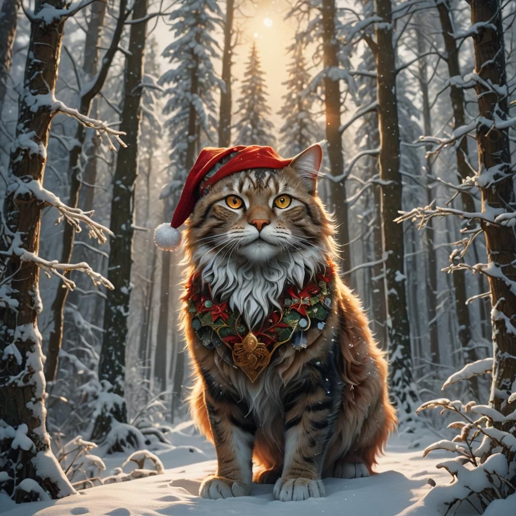 Feline God Celebrates Christmas in Mystical Forest