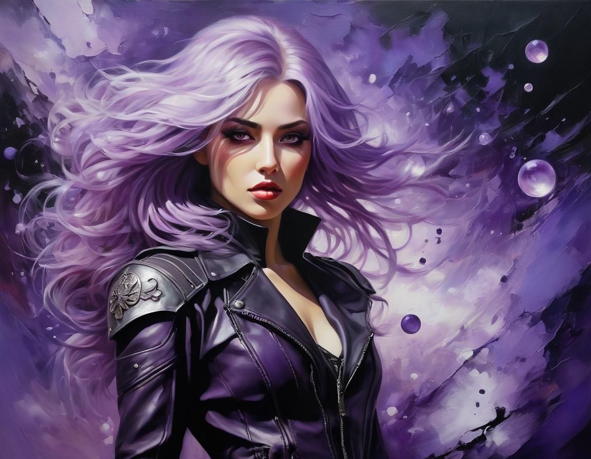 Oil Painting of a Lilac-Haired Assassin in Dreamy Landscape