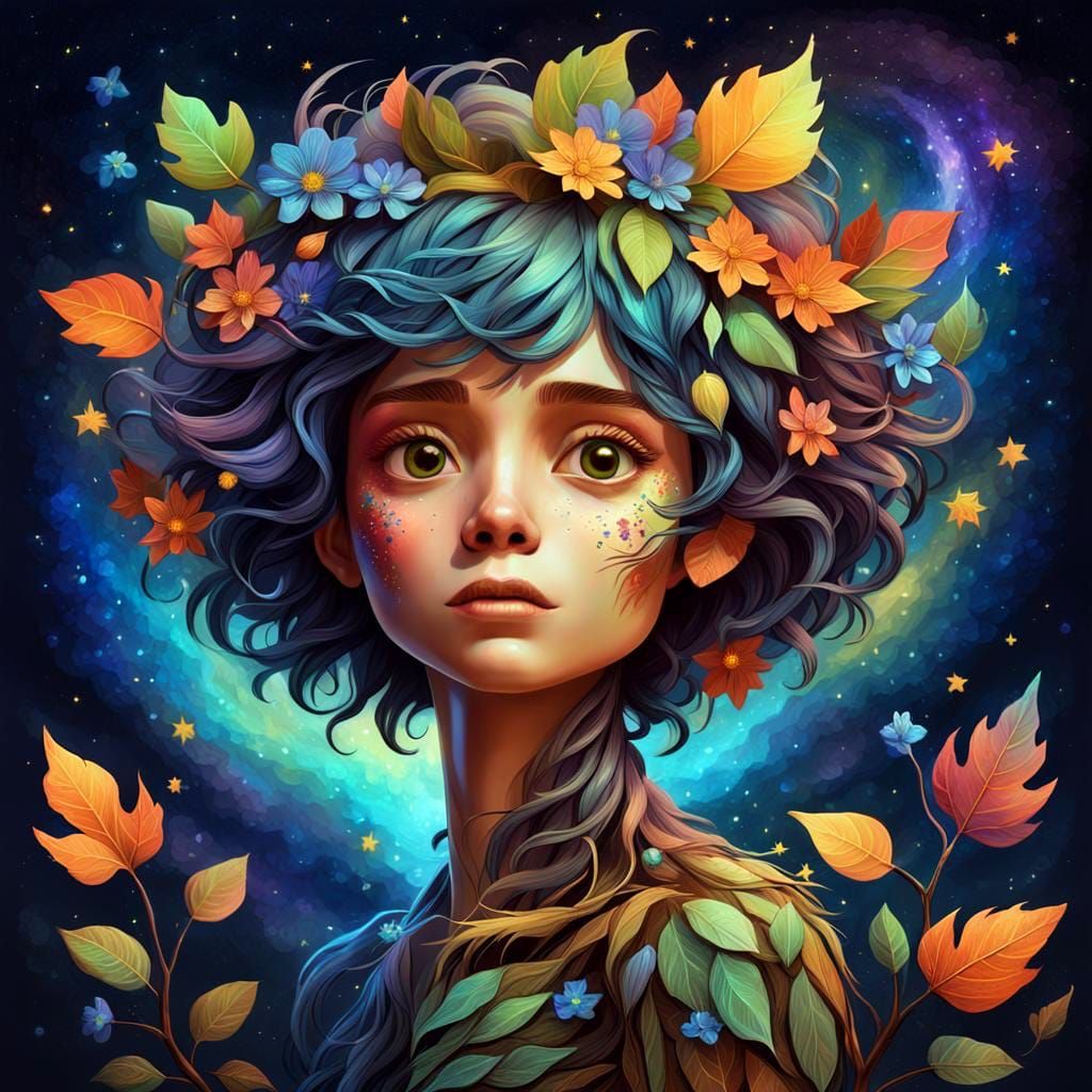 Colorful Dryad in Starry Night: Pixar Style
