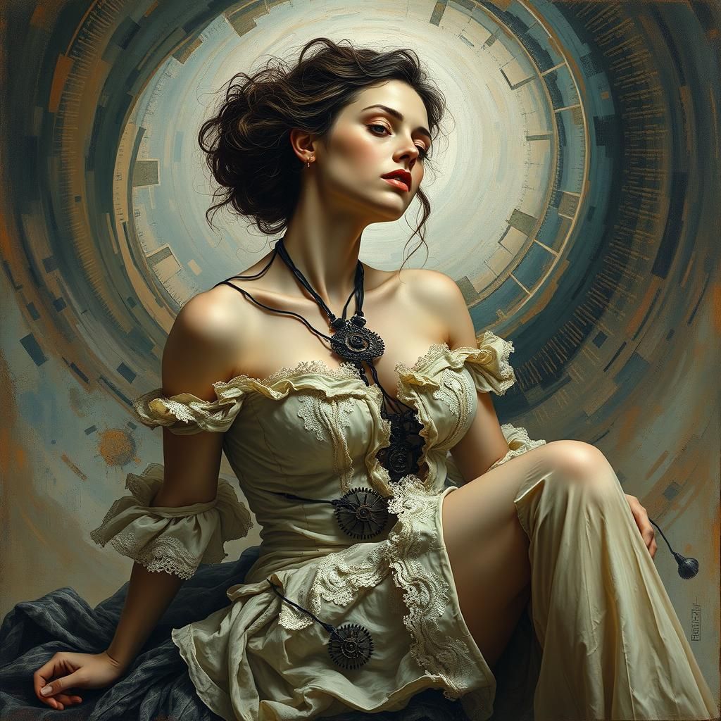 Mechanized Woman in Dystopian Surrealist Dreamscape