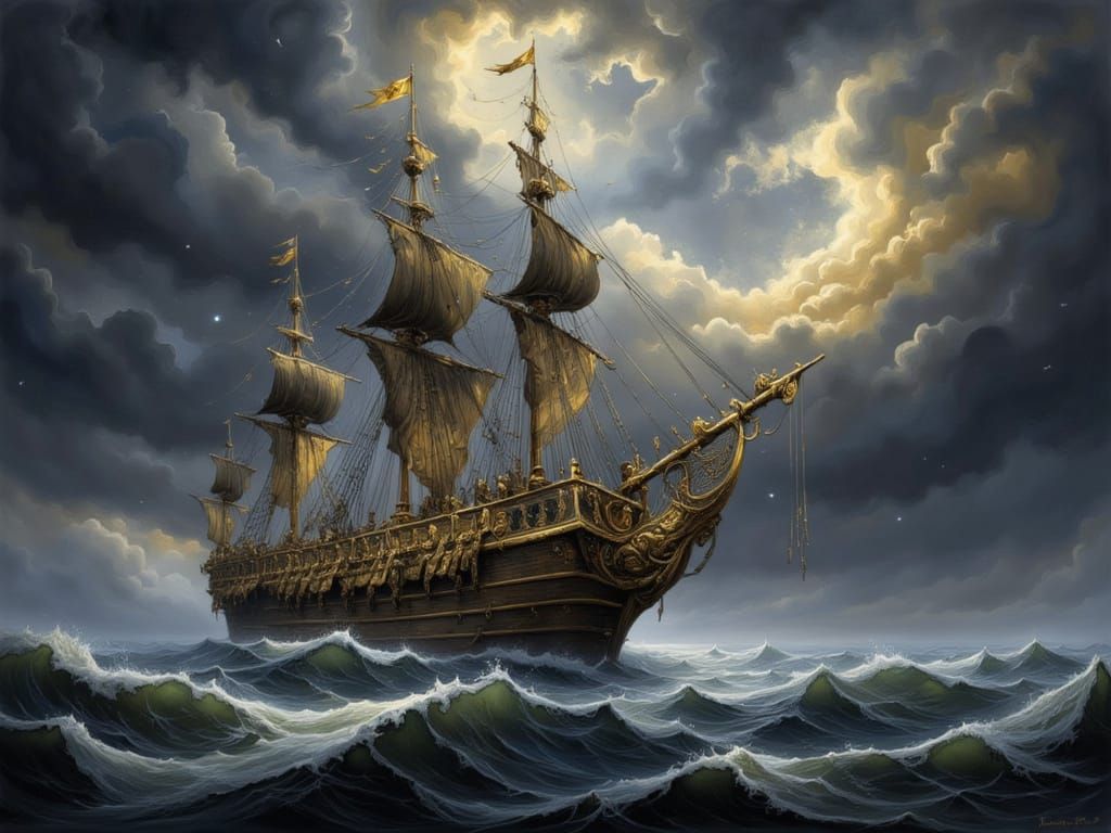 Baroque Galleon on Tempestuous Sea, Dutch Golden Age Style