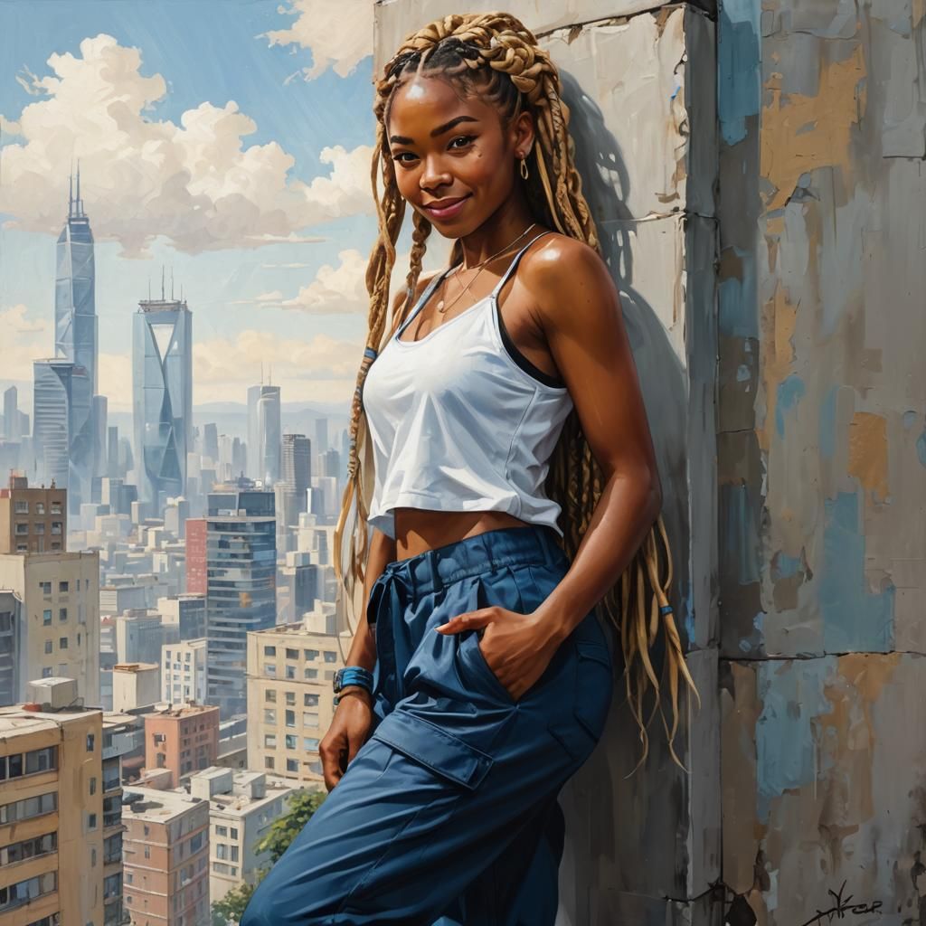 Ebony Girl and Ninja in Cityscape, Oil Painting