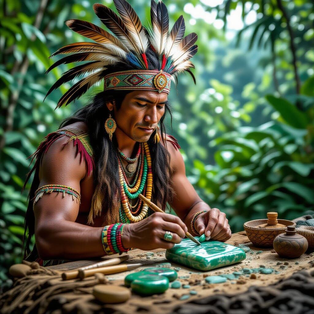 Indigenous Man Crafts Jade in Lush Jungle