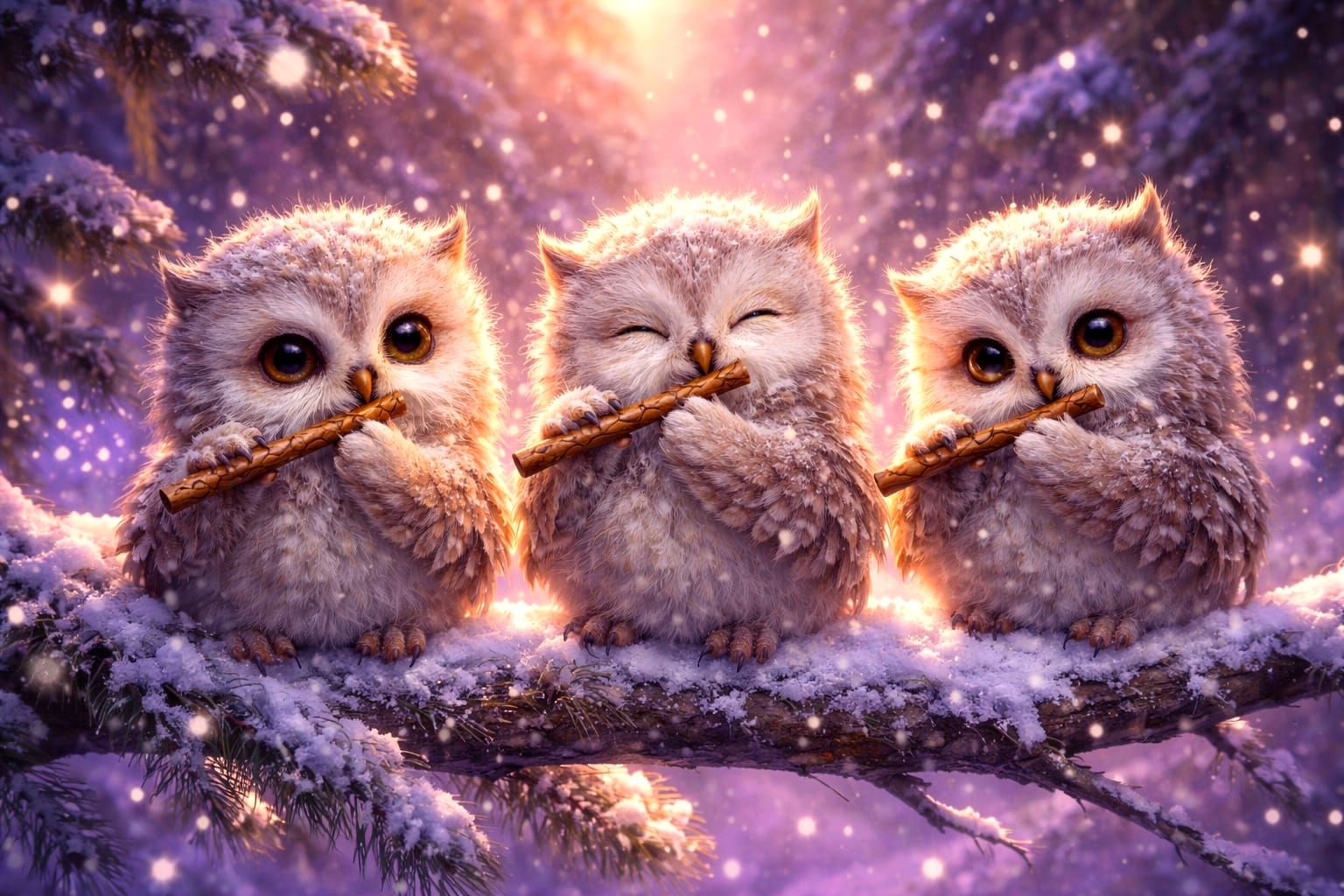 Adorable Fluffy Owlets Play Flutes on Snowy Branch