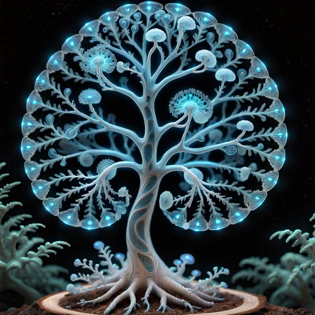 Bioluminescent Fractal Tree with Fibonacci Spiral