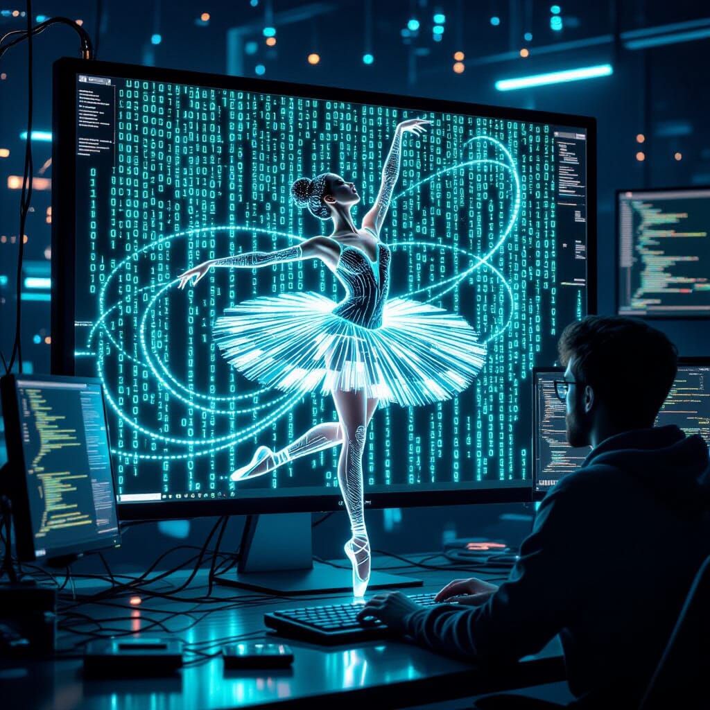 Luminous Binary Ballerina in Cyber-Neon Glow