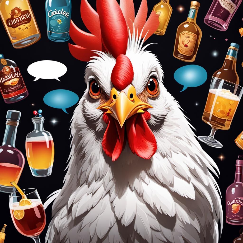 Anthropomorphic Chicken Bartender with Cocktail Thoughts