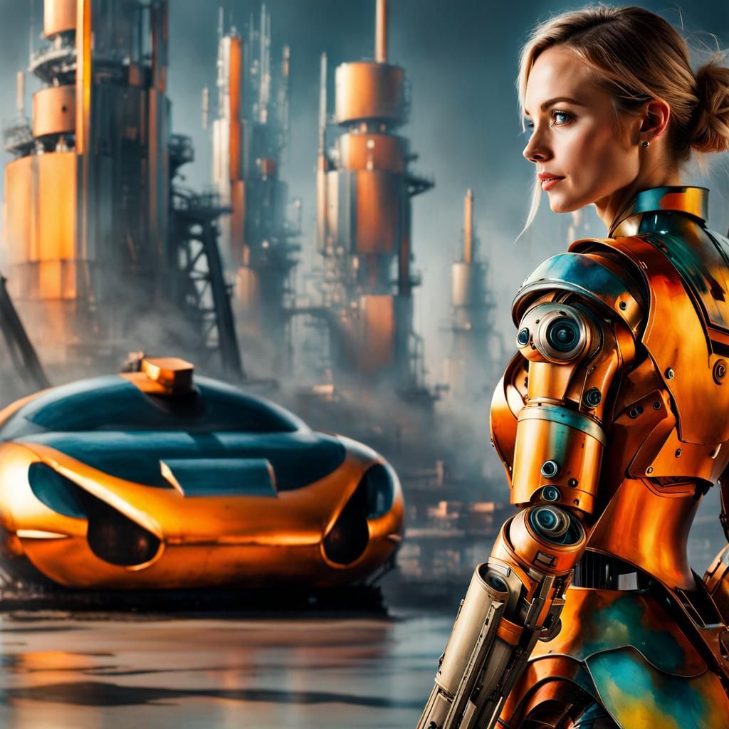 Futuristic Robot Girl in Dystopian City, Comic Art