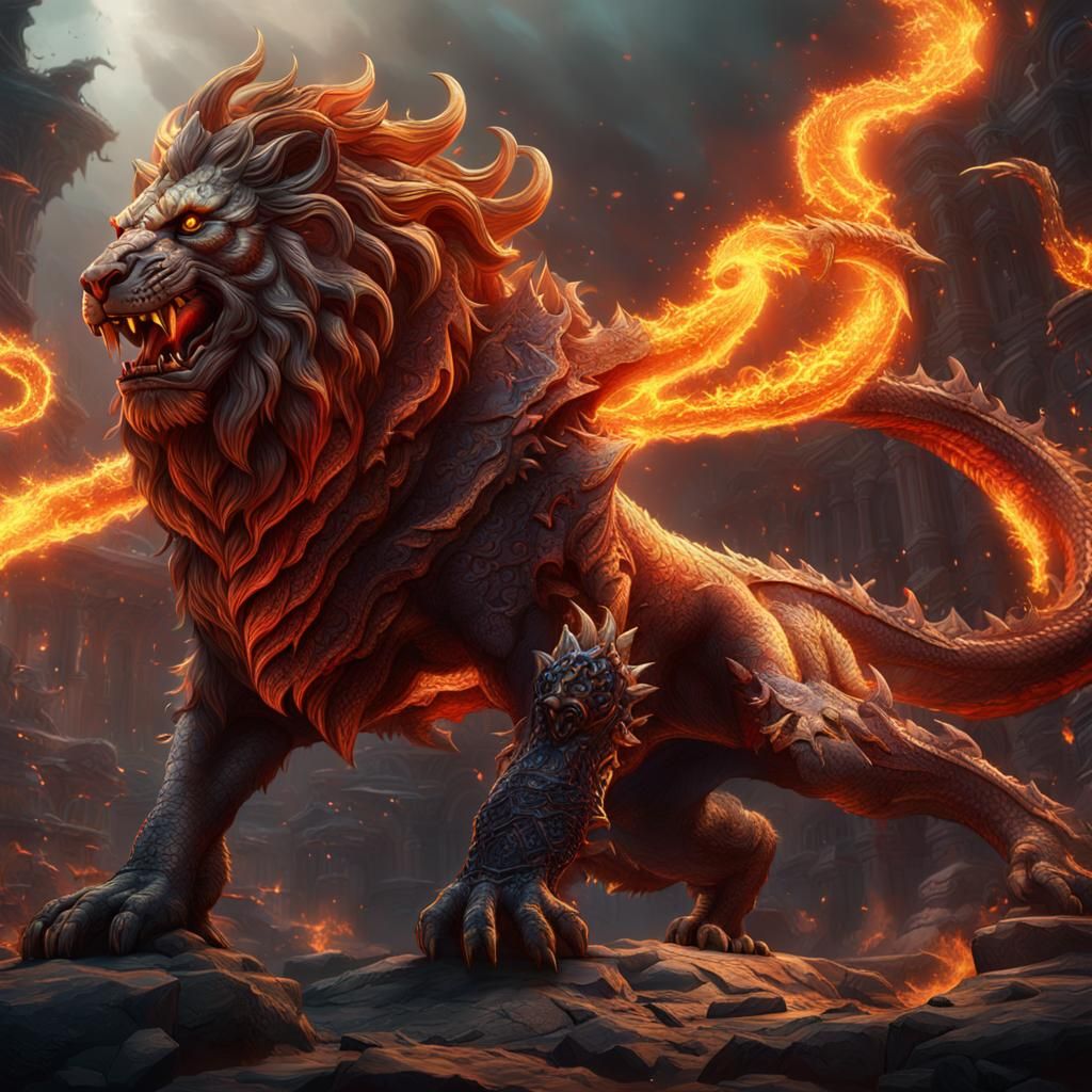 Fiery Lion and Dragon Fantasy Concept Art