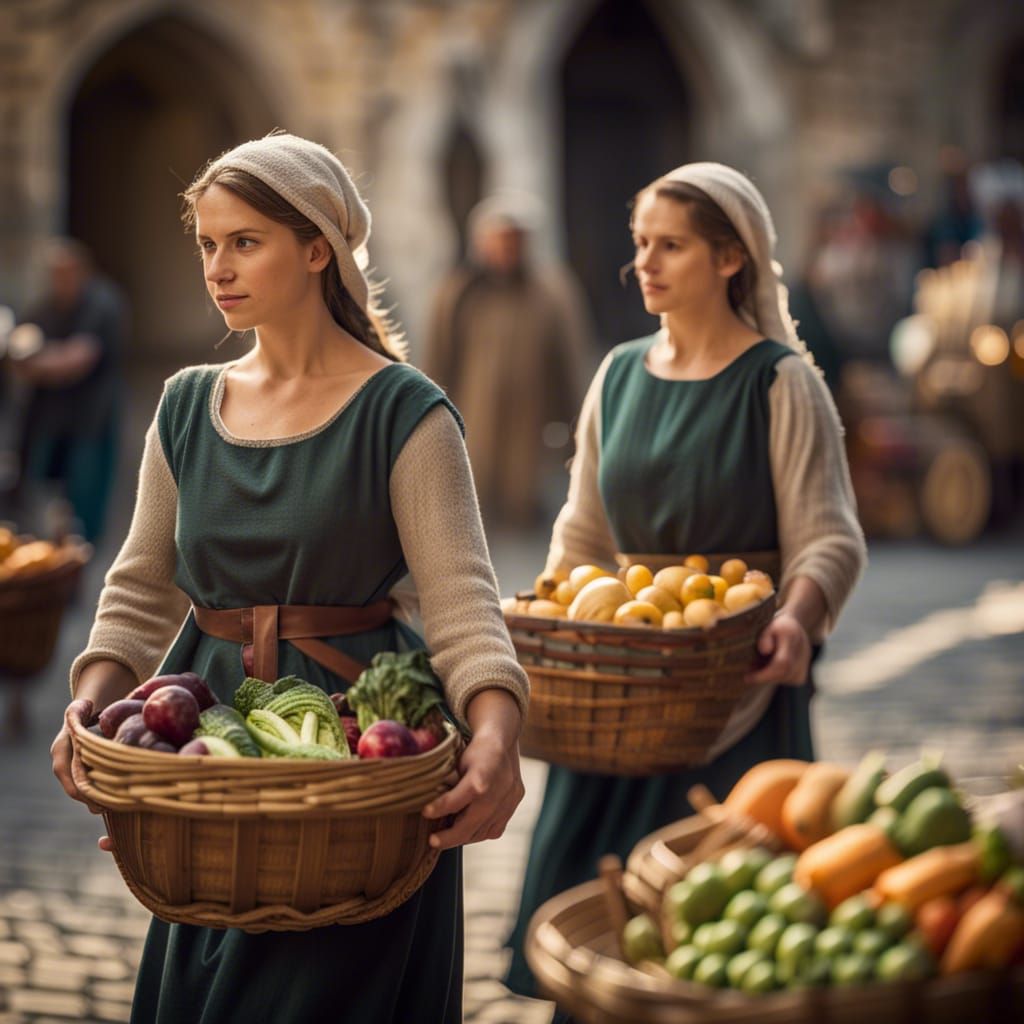 Vibrant Medieval Market Scene with Fruit and Vegetable Carts