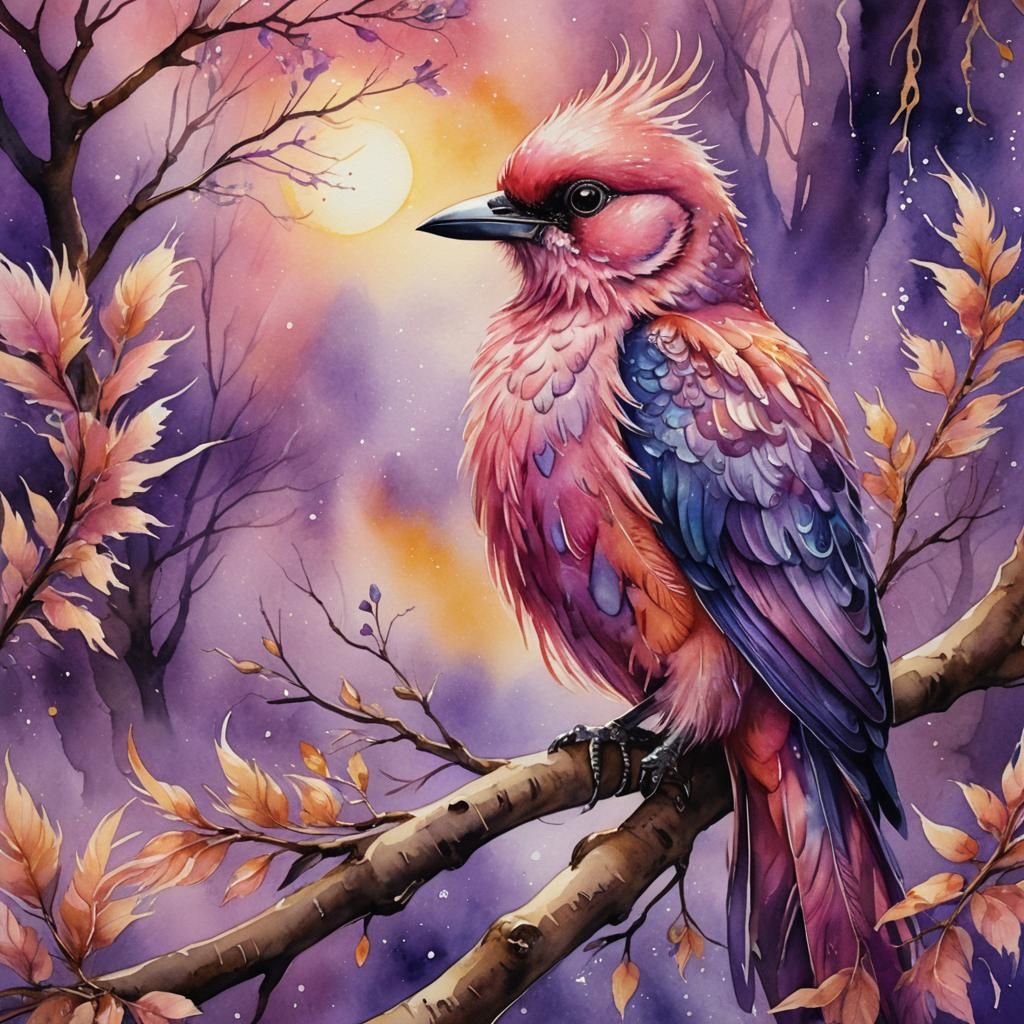 Whimsical Watercolor Bird Portrait in Fantasy Setting