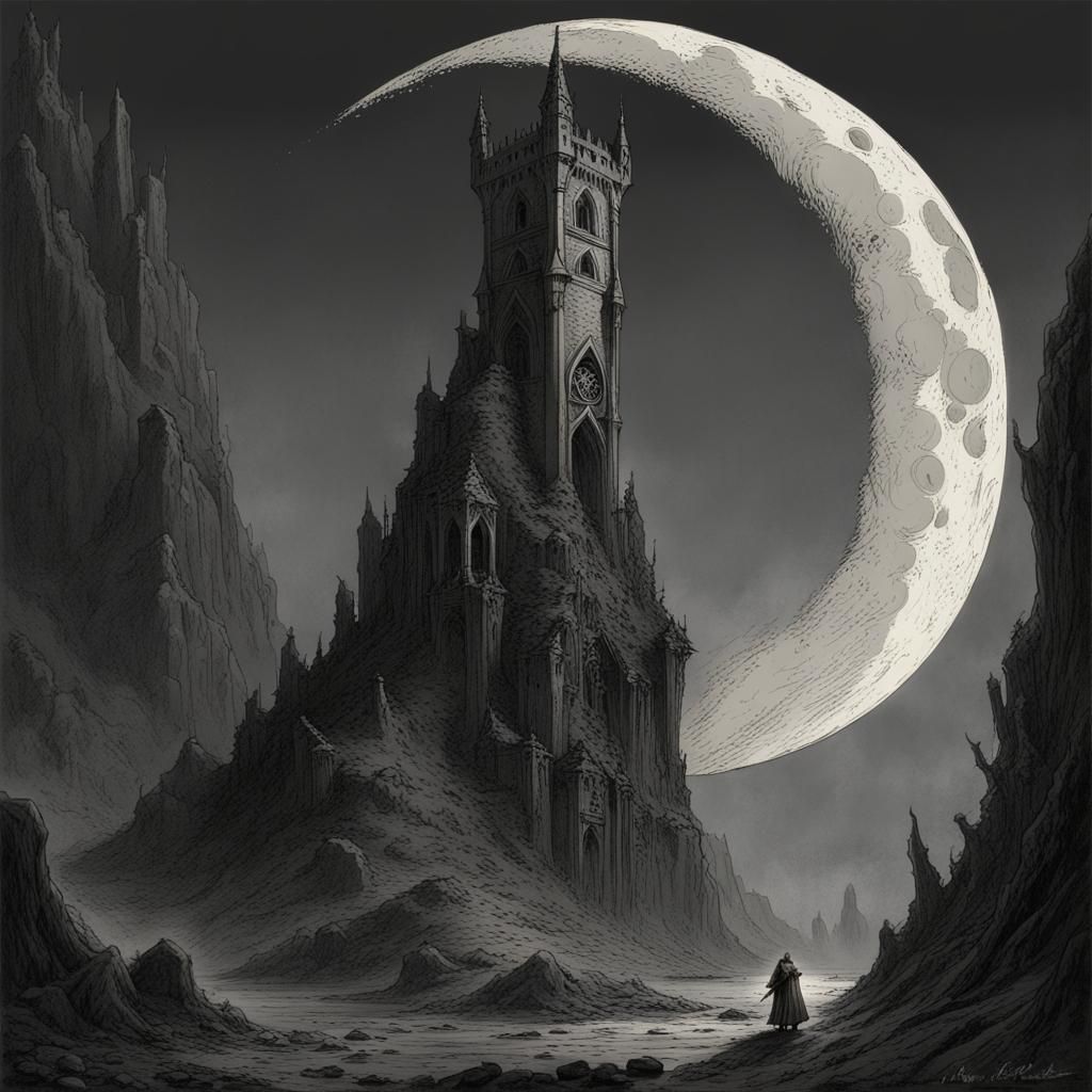 Moon Elf Tower with Lunar Portal in Horror Style
